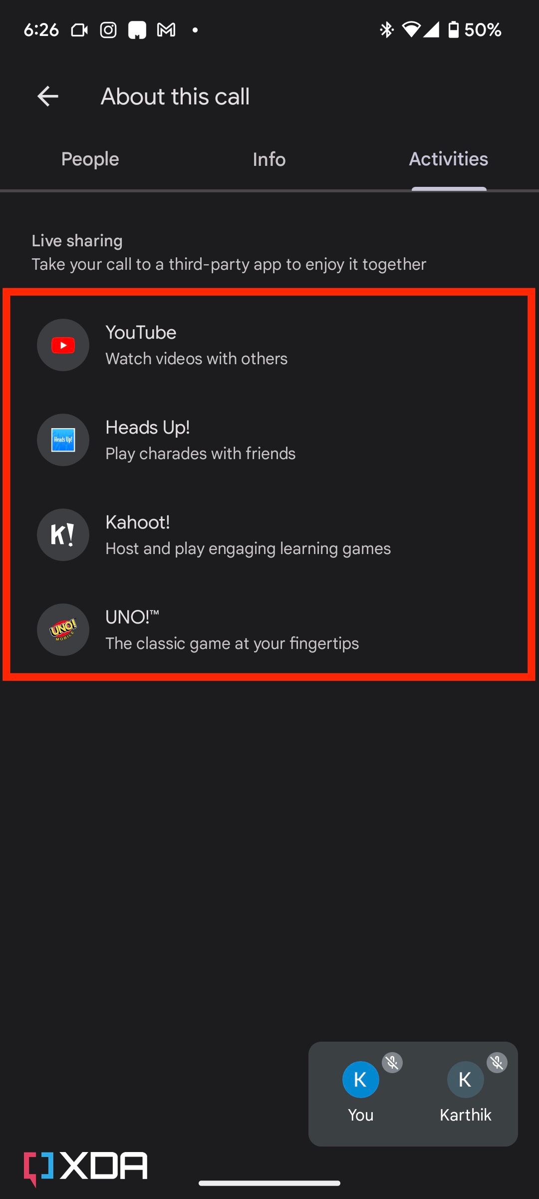 List of activities in Google Meet live sharing