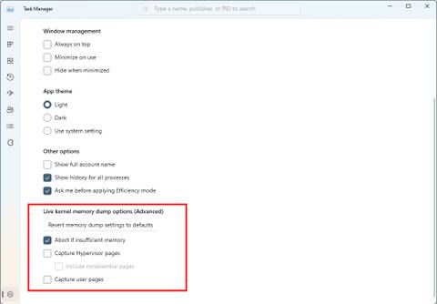 Screenshot of Task Manager settings, including options related to live kernel memory dumps