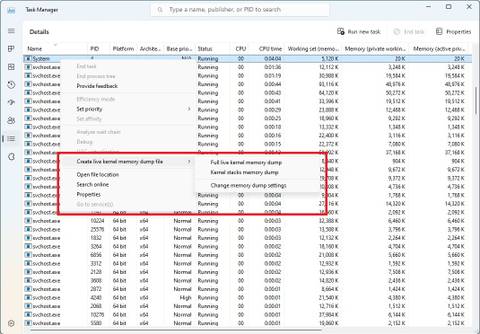 Screenshot of Task Manager with the option to create live kernel memory dumps