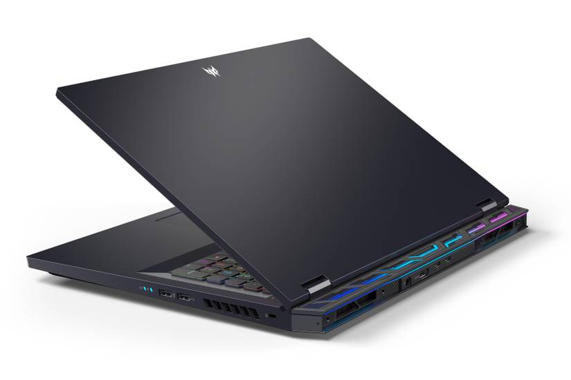 Rear angled view of the Acer Predator Helios 16 facing left