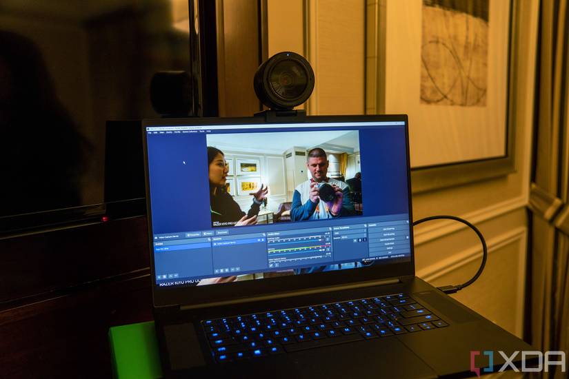 Laptop with giant webcam on top of it, and screen showing what it's recording
