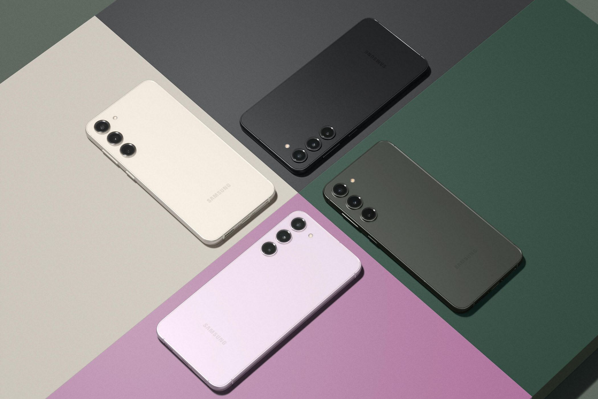 A render showing the Samsung Galaxy S23 in all four colors.