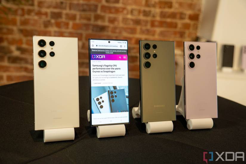 Four Samsung Galaxy S23 Ultra phones with one facing forward