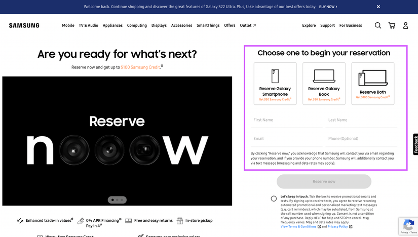 Samsung Galaxy Reservation page 2023 with highlight around the reservation options
