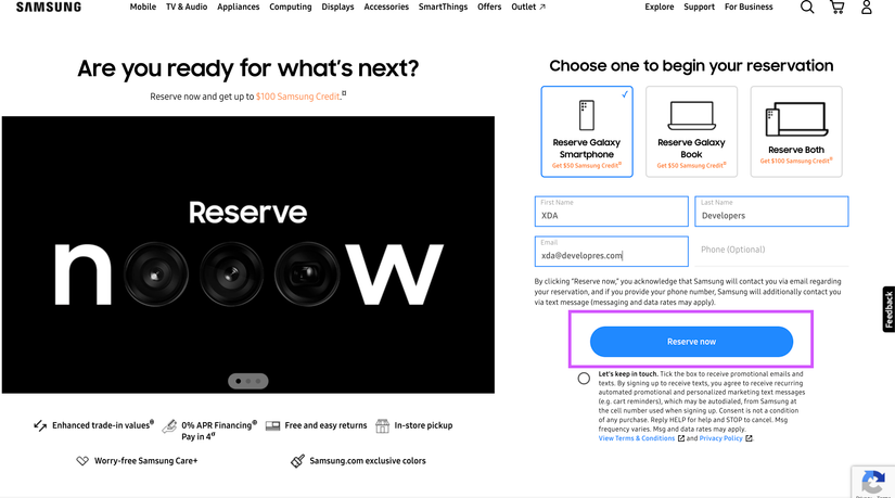Samsung Galaxy Reservation page 2023 with highlight around the reservation now button