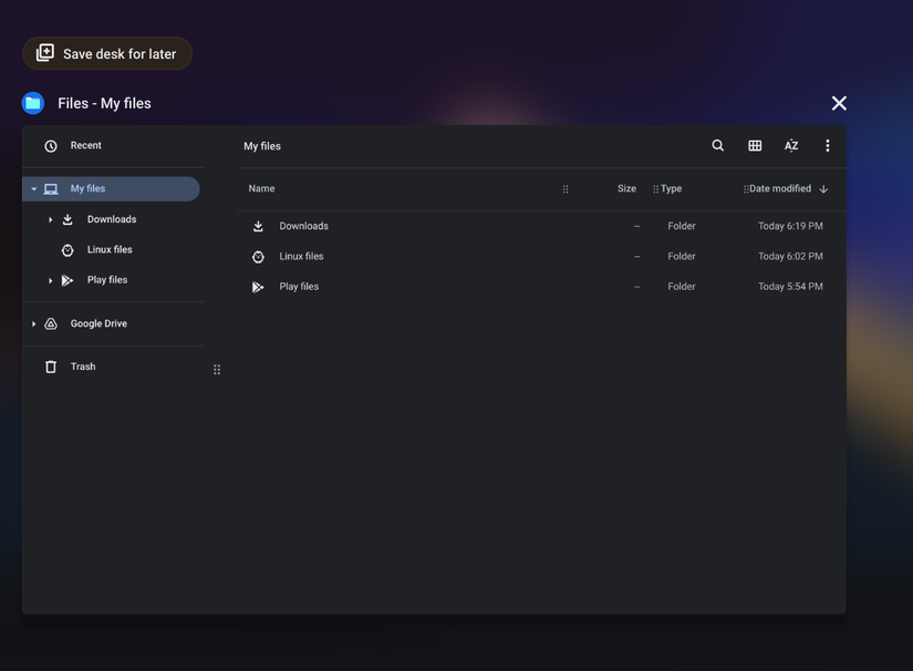 Saving a desk for later in ChromeOS