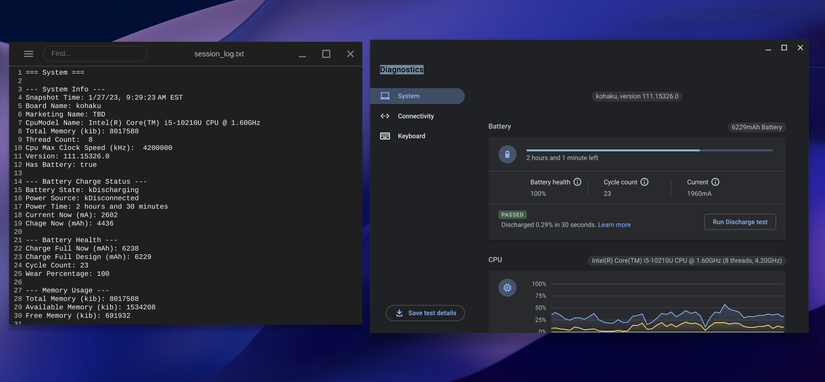 The ChromeOS Diagnostics app with a results page open up