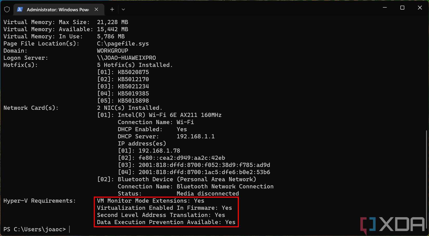 Screenshot of Windows Terminal showing a list of Hyper-V requirements, all of which are met