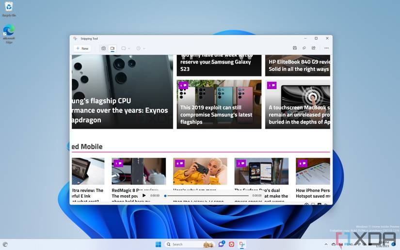 Screenshot of the Snipping Tool in Windows 11 with a recorded video