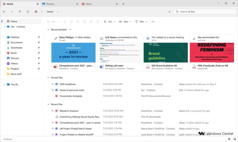 Screenshot of a redesigned Windows 11 File Explorer with a Recommended section showing files with large thumbnails.