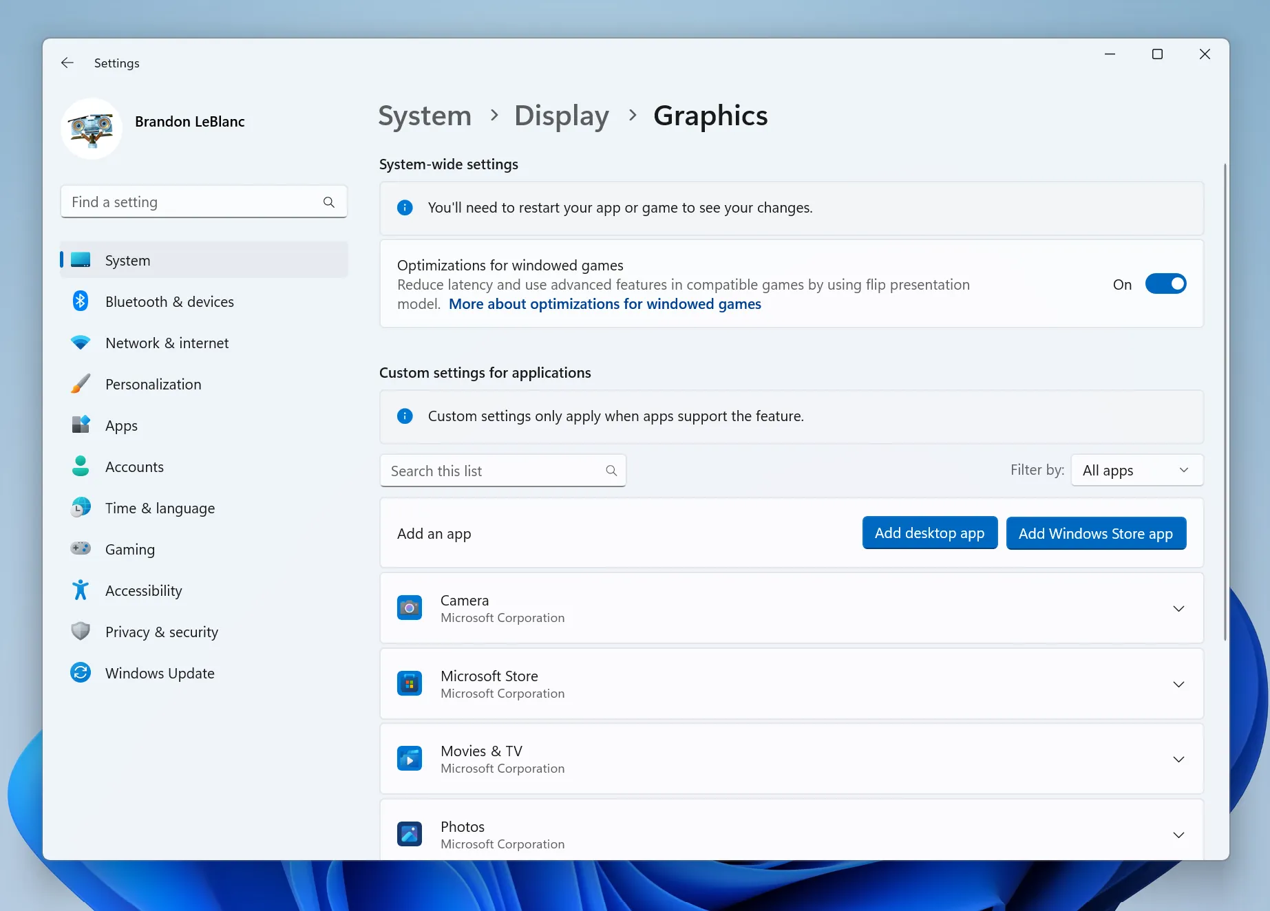 Screenshot of the redesigned Graphics page in the Windows 11 Settings app