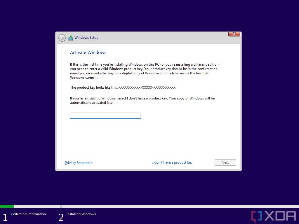 Screenshot of Windows 11 Setup asking for a product key to activate Windows