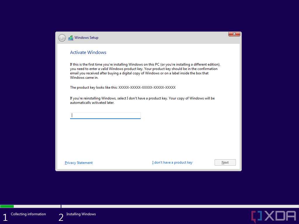Screenshot of Windows 11 Setup asking for a product key to activate Windows