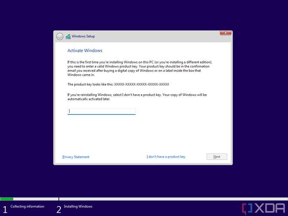Screenshot of Windows 11 Setup asking for a product key to activate Windows