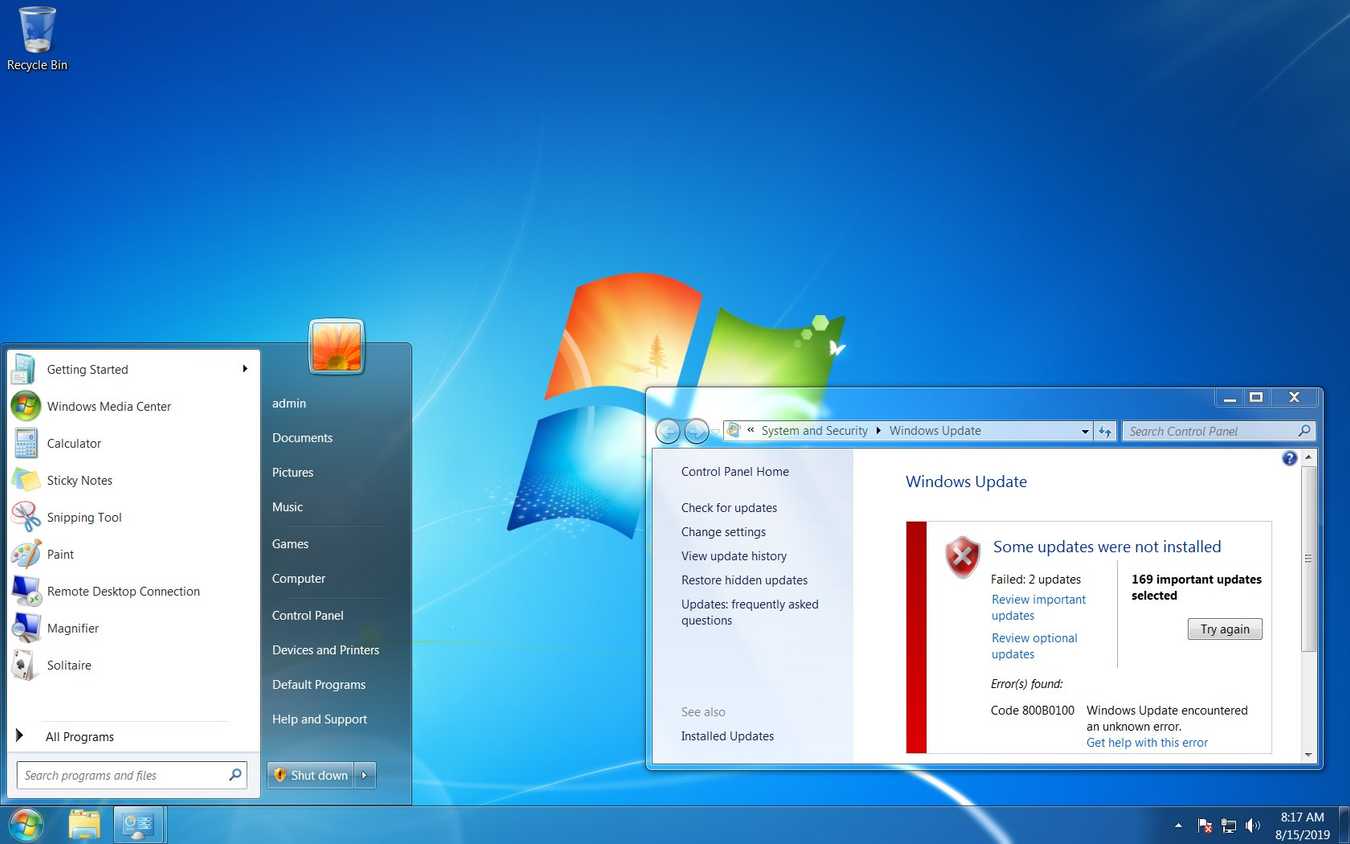 Screenshot of a Windows 7 desktop with the Start menu and Windows Update open