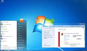 Screenshot of a Windows 7 desktop with the Start menu and Windows Update open