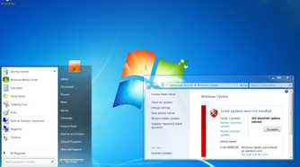 Screenshot of a Windows 7 desktop with the Start menu and Windows Update open