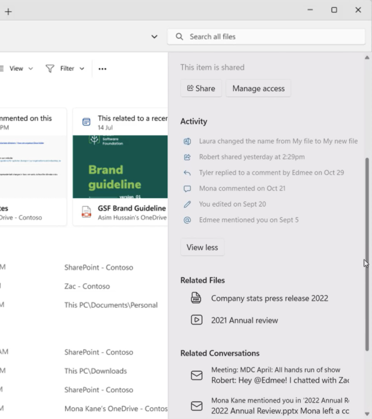 Screenshot of the Details pane in Windows 11 showing recent activity on a shared file
