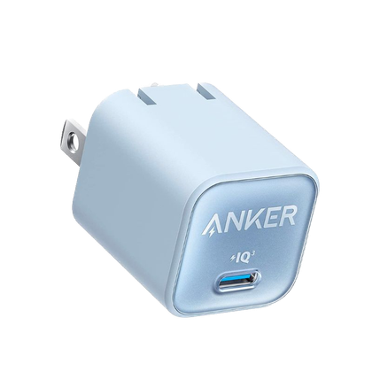 A render of the Anker Nano 3 charger in blue with the Anker branding next to a USB-C port.