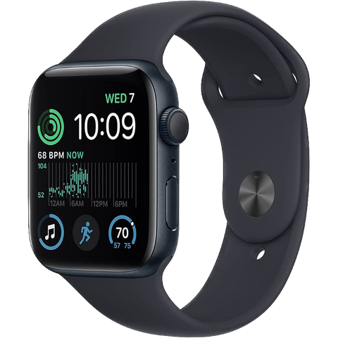 A render of the Apple Watch SE 2 smartwatch with a black-colored band.