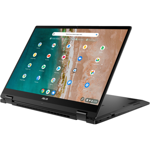 Angled front view of the Asus Chromebook Flip CX5601 in stand mode facing left
