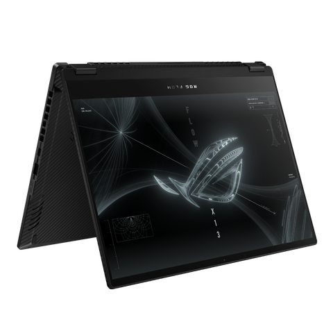Angled front view Asus ROG Flow X13 in tent mode facing right