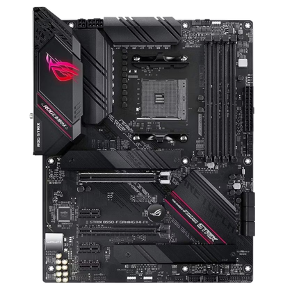 render of the ASUS ROG Strix B550-F Gaming motherboard seen from the front
