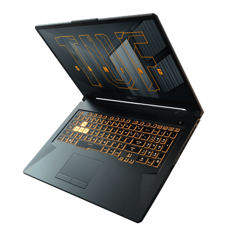 Angled view of the Asus TUF Gaming F17 laptop facing left