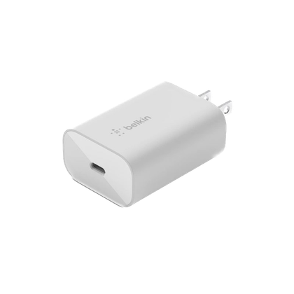 A render of the Belkin 25W USB-C charger in white color.