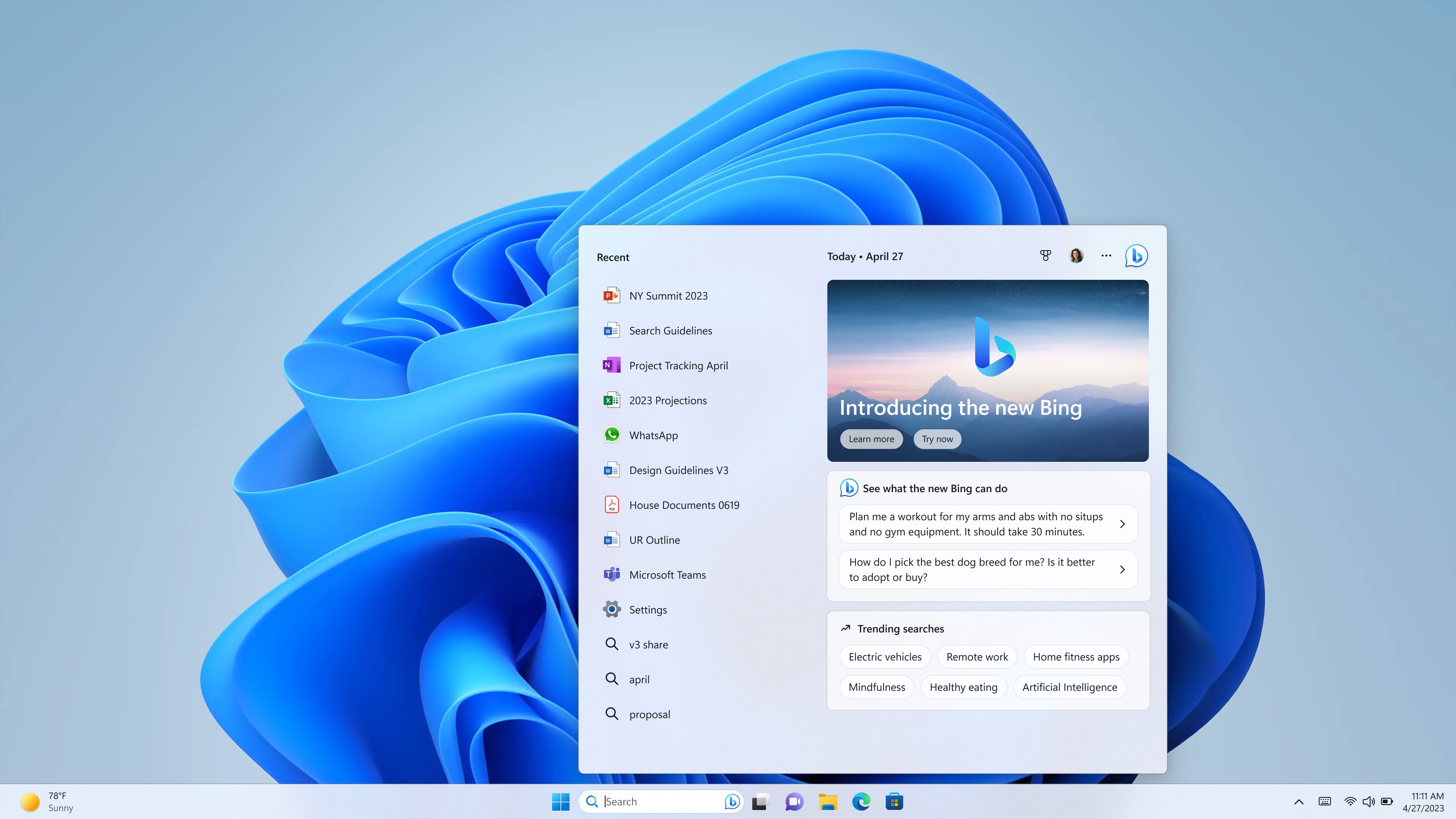 Screenshot of a Windows 11 PC with the new Bing available inside the search experience