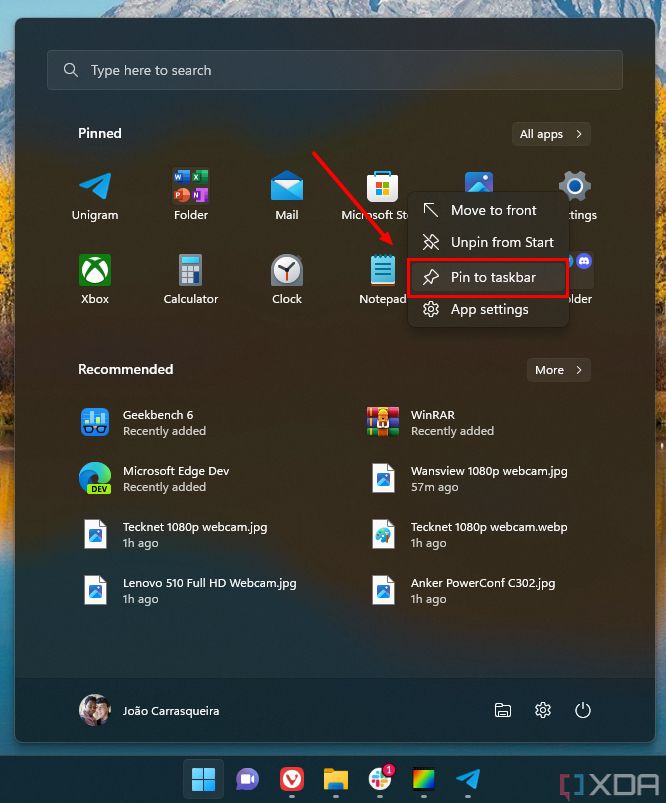 Screenshot of the Windows 11 Start menu showing the option to pin an app to the taskbar.