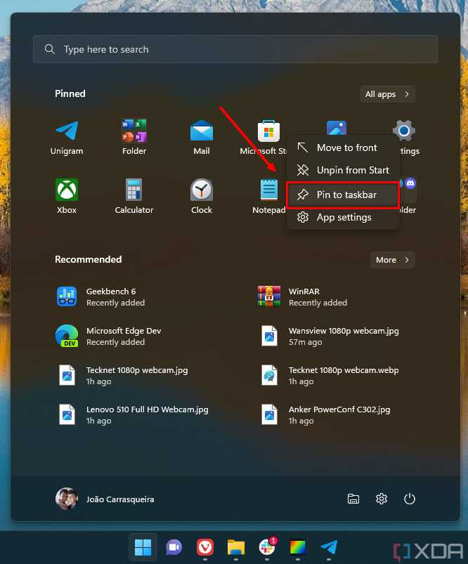 Screenshot of the Windows 11 Start menu showing the option to pin an app to the taskbar.