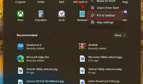 Screenshot of the Windows 11 Start menu showing the option to pin an app to the taskbar.
