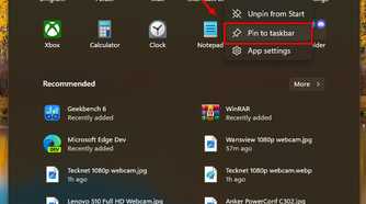 Screenshot of the Windows 11 Start menu showing the option to pin an app to the taskbar.