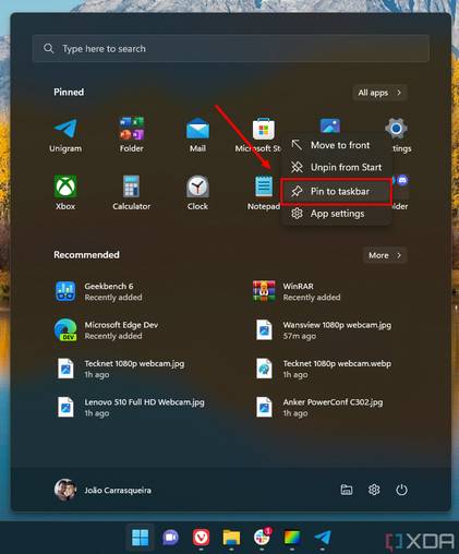 Screenshot of the Windows 11 Start menu showing the option to pin an app to the taskbar.