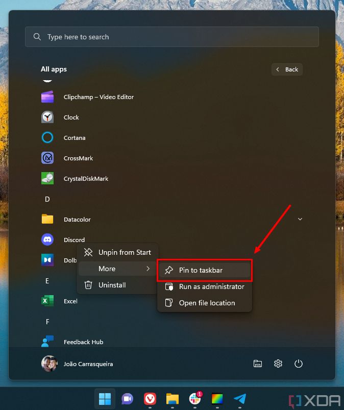 Screenshot of the All apps list in the Start menu showing the option to pin an app to the taskbar.