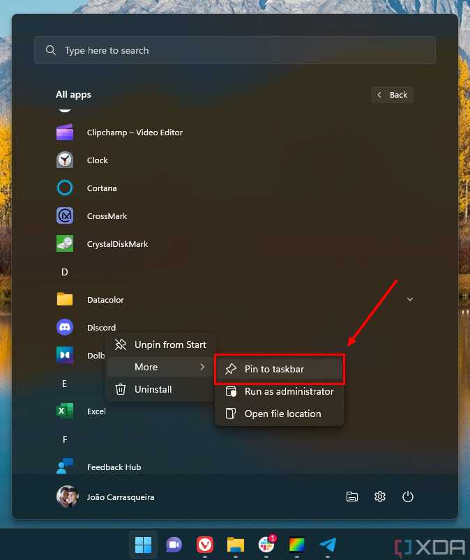Screenshot of the All apps list in the Start menu showing the option to pin an app to the taskbar.