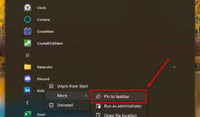 Screenshot of the All apps list in the Start menu showing the option to pin an app to the taskbar.