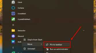 Screenshot of the All apps list in the Start menu showing the option to pin an app to the taskbar.