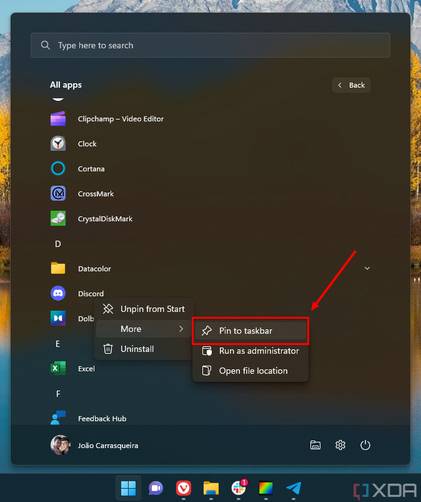 Screenshot of the All apps list in the Start menu showing the option to pin an app to the taskbar.