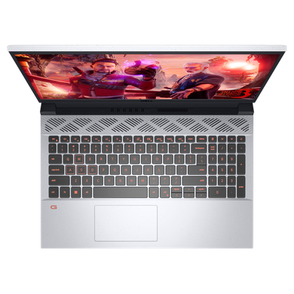 Overhead view of the Dell G15 with the lid open at 100 degrees