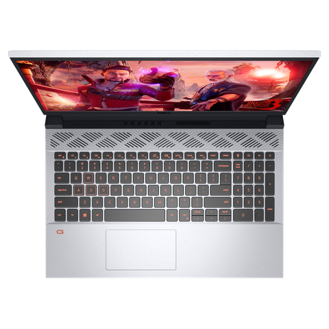 Overhead view of the Dell G15 with the lid open at 100 degrees