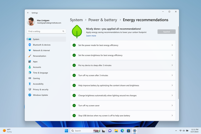 Screenshot fo Energy Recommendations page in Windows 11 Settings app
