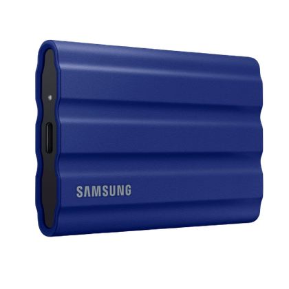 Front view of the Samsung T7 Shield Portable SSD External Drive, in blue 