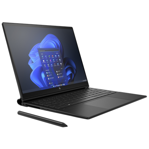 Angled front view of the HP Dragonfly Folio in laptop mode facing right
