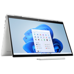 Front view of the HP Envy x360 15 in tent mode facing right