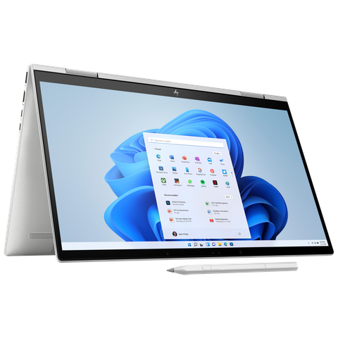 Front view of the HP Envy x360 15 in tent mode facing right