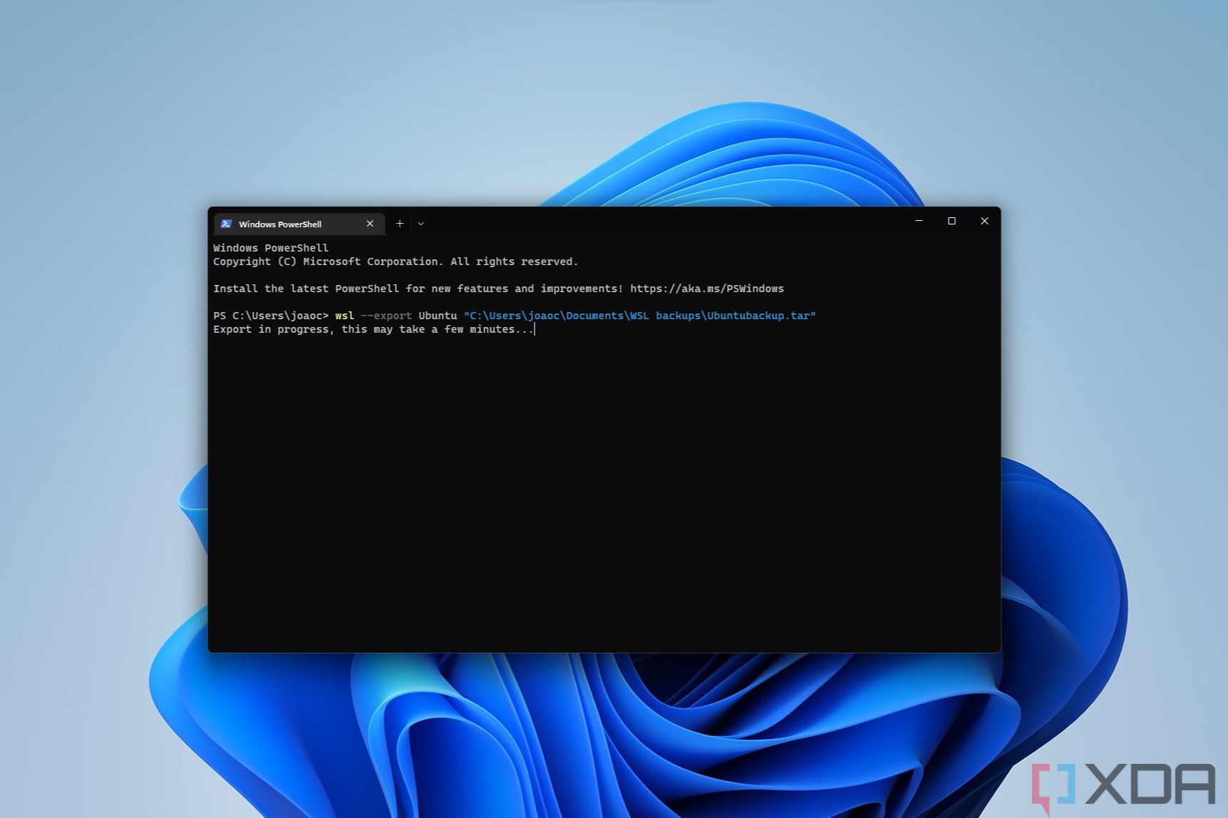 Screenshot of Windows Terminal backing up a WSL distro