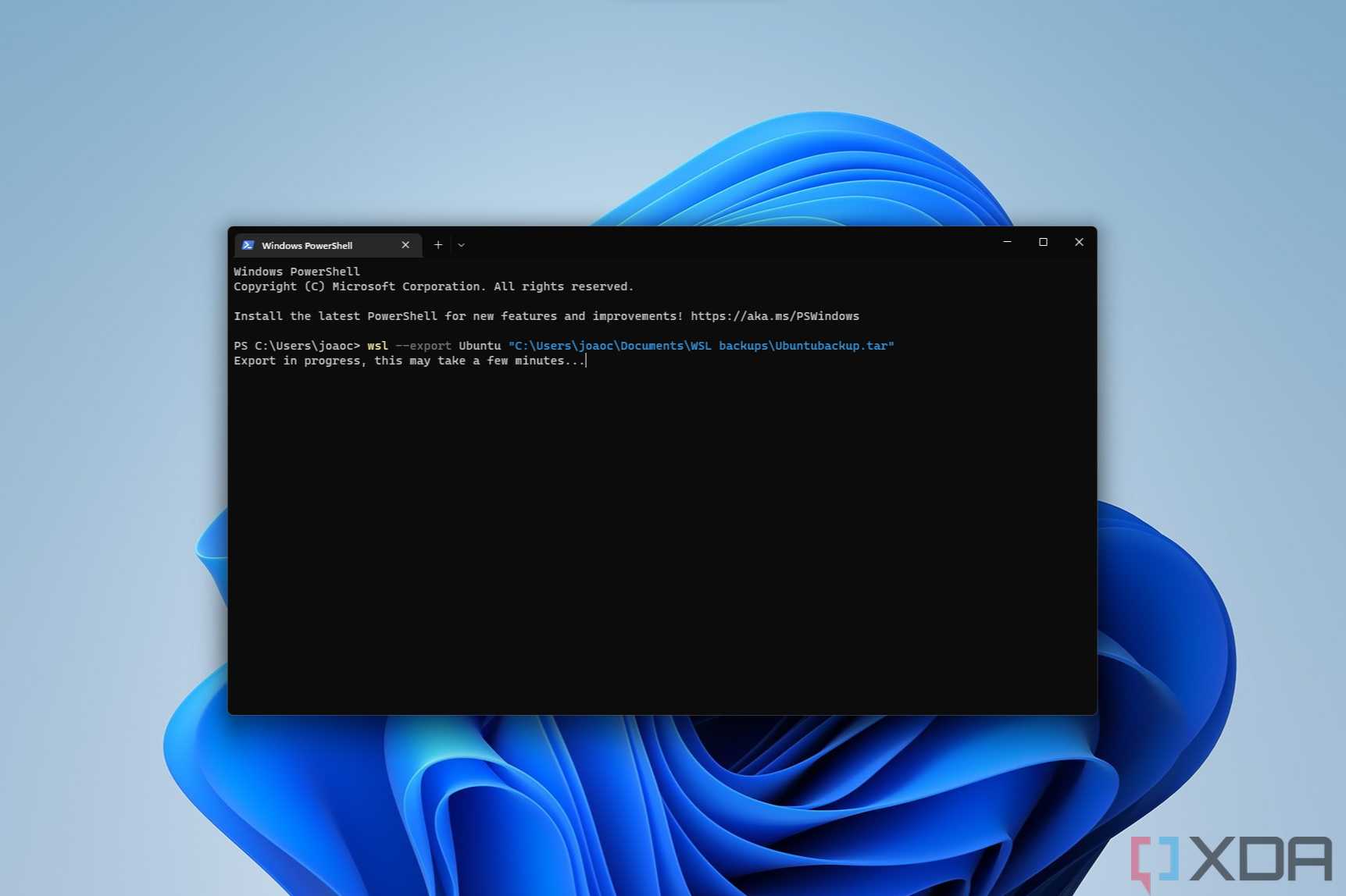 Screenshot of Windows Terminal backing up a WSL distro