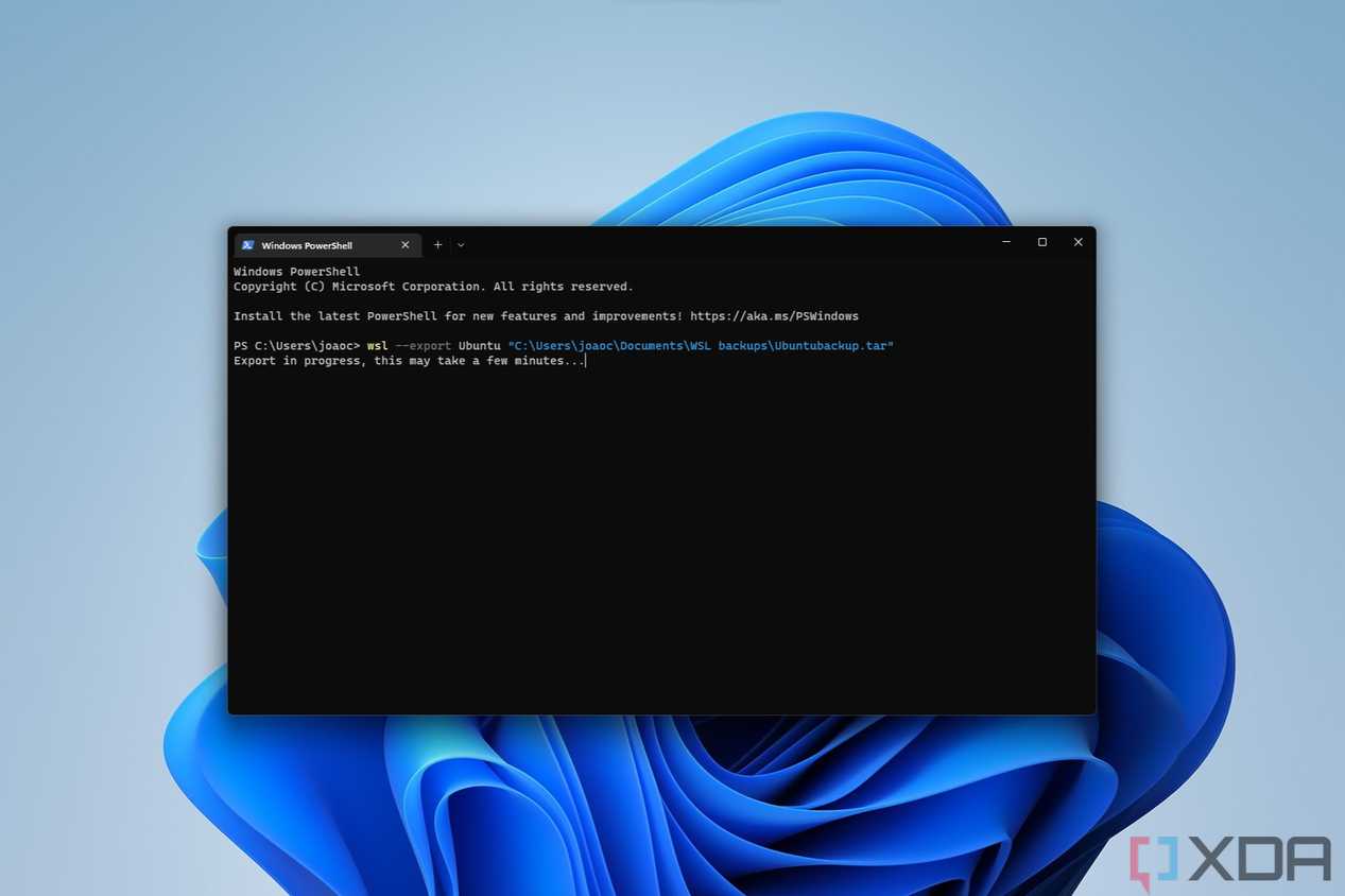 Screenshot of Windows Terminal backing up a WSL distro